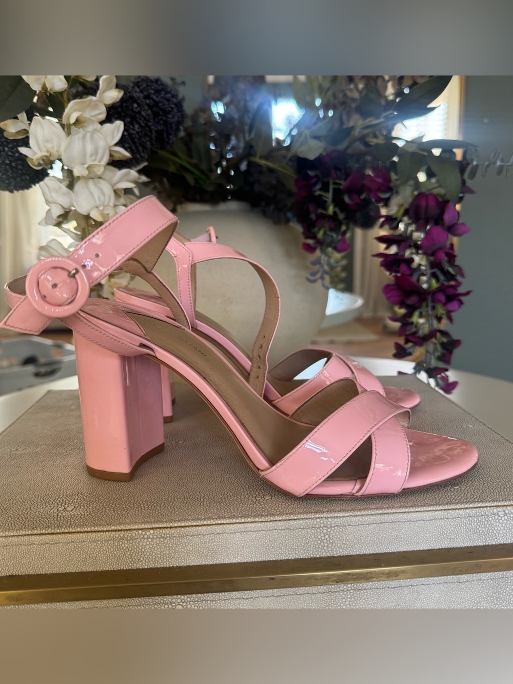 Antonio Melani 8.5 Patent Leather Pink Block-Heel Sandals - Women's shoes heels
